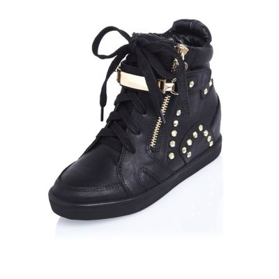 Girls black studded high top trainers